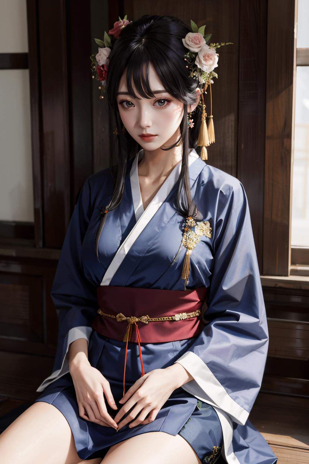 A woman in a blue kimono sitting on a wooden floor - SeaArt AI