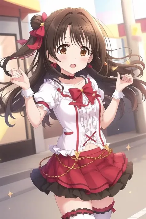 masterpiece, best quality,1girl,
<lora:bokurahaimanonakade:0.6>bokura wa ima no naka de,red skirt,frills, white dress,thighhighs, 
<lora:theIdolmSTERCinderellaGirls_v12:0.5>Shimamura Uzuki,brown hair, long hair, brown eyes, open mouth, one side up, hair bow, half updo,