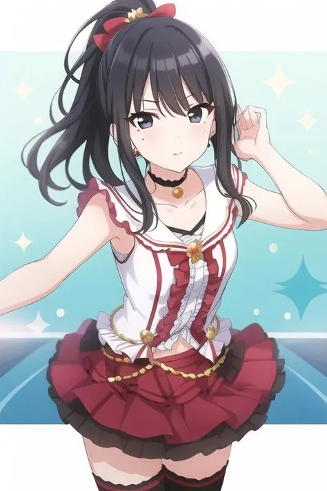 masterpiece, best quality,1girl,
<lora:bokurahaimanonakade:0.6>bokura wa ima no naka de,red skirt,frills, white dress,black thighhighs,
<lora:shinymas-v2.1:0.5>Kazano Hiori, black hair, mole under mouth, mole, bangs, long hair, ponytail, black eyes,collarbone, jewelry, hair ornament,