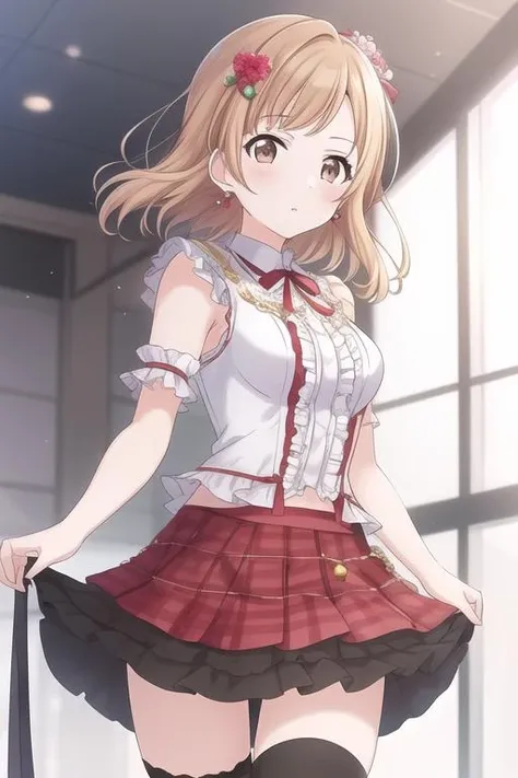 masterpiece, best quality,1girl,
<lora:bokurahaimanonakade:0.6>bokura wa ima no naka de,red skirt,frills, white dress,black thighhighs, 
<lora:shinymas-v2.1:0.5>Sakuragi Mano,brown eyes,brown hair, bangs, light brown hair,  medium hair, shirt, breasts, hair ornament,  blonde hair