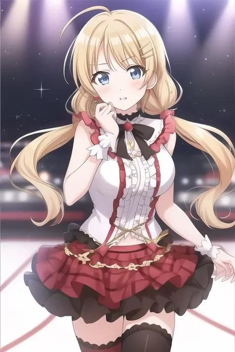 masterpiece, best quality,1girl,
<lora:bokurahaimanonakade:0.6>bokura wa ima no naka de,red skirt,frills, white dress,black thighhighs,
<lora:shinymas-v2.1:0.5>Hachimiya Meguru,blonde hair, blue eyes, long hair, hair ornament, ahoge, hairclip, bangs,dress, low twintails, large breasts,