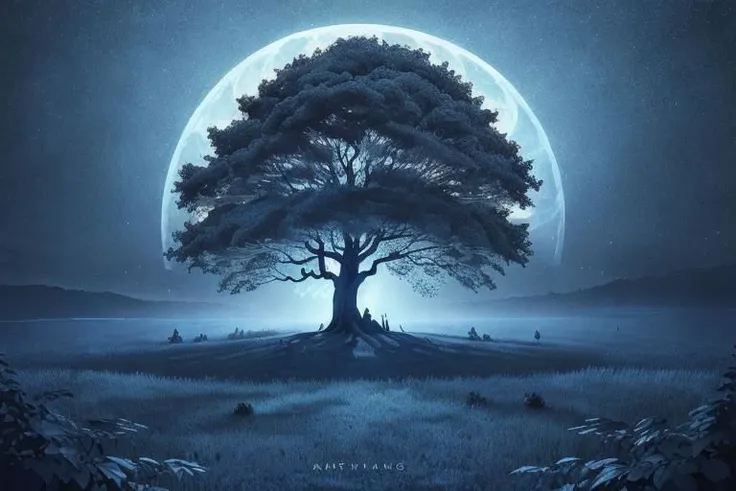 painting of giant tree, dark blue theme, illuminated blue leaves, night vision, fantasy, magical, masterpiece, ultra quality, 12k detailed, birdseye shot, ultra wide angle shot, high angle shot, far angle shot, aspect ratio: 2.39:1(3,840 x 2,160)