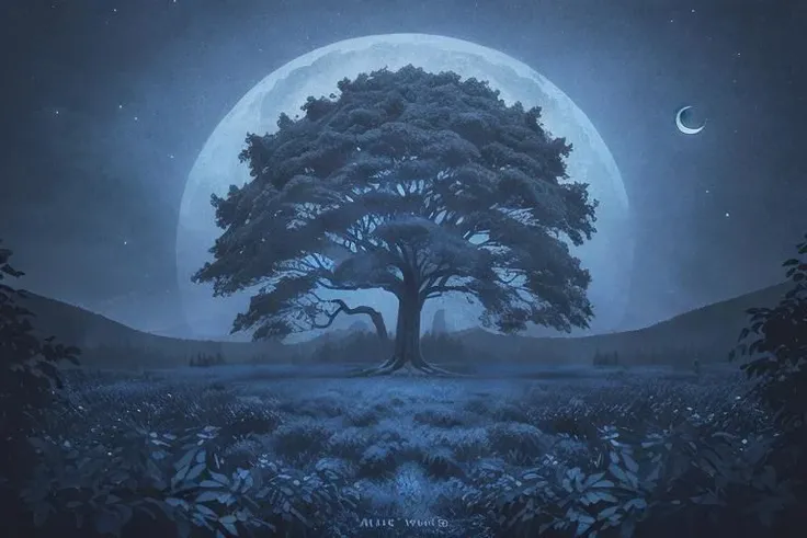 painting of giant tree, dark blue theme, illuminated blue leaves, night vision, fantasy, magical, masterpiece, ultra quality, 12k detailed, birdseye shot, ultra wide angle shot, high angle shot, far angle shot, aspect ratio: 2.39:1(3,840 x 2,160)