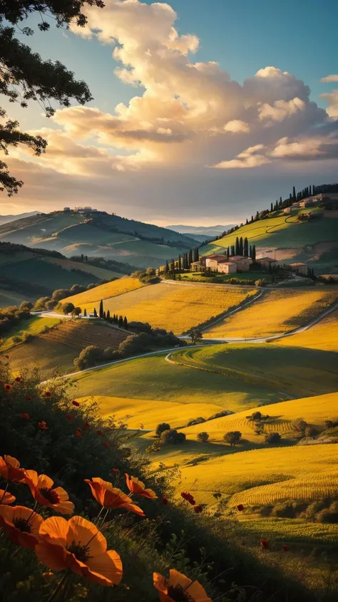 a profestional picutre of  Tuscany, Italy: Tuscany's rolling hills come alive in spring, as vineyards and olive groves awaken, and the landscape is dotted with poppies and wildflowers, creating a captivating scene of renewal and natural beauty. ,
wide angle, landscape , 
photorealism,unreal 5 daz, extremely detailed ,((ultrasharp)),((masterpiece)),((best quality)),((ultradetailed)),((intricated details)), extremaly detailed background, <lora:add_detail:0.7> ultra realistic,32k,RAW photo, 8k ,dslr,soft lighting,high quality,film grain, beautiful and aesthetic,extremely detailed, natural shadows,