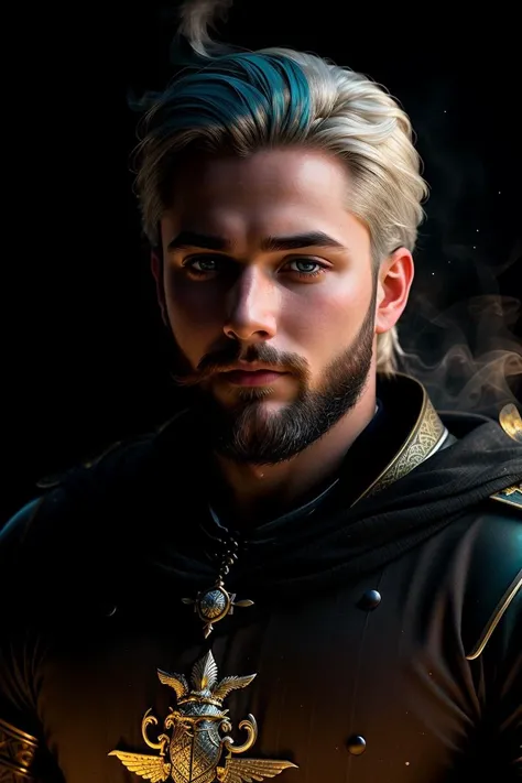 a profesional picture of 1man Sir Alistair of Gryffon, the Knight of the Radiant Shield was a paragon of chivalry and honor, with a physique that exuded strength and nobility. His armor was crafted from the finest silver alloys, etched with the emblem of the Radiant Shield, a gryphon rampant against a backdrop of stars. The armor's sleek lines hugged his muscular frame, accentuating his broad shoulders and powerful arms. A cloak of the purest white, lined with ermine, billowed behind him, signaling his status as a protector of the realm. His long, wavy auburn hair was tied back in a knightly braid, and his beard was trimmed short and neat. His eyes, a piercing blue, were steady and unwavering, reflecting the purity of his soul and the resolve of his convictions. BREAK, realistic, perfect quality, best quality, ultrasharp, ultradetailed, perfect quality, masterpiece, intricated details, <lora:add_detail:0.4>, punk, <hypernet:sxzBloom_sxzBloom:0.3>, AS-YoungerV2 < <lora:splashes_v.1.1:0.5> Splash, splashes, splashing, explosion, exploding <lora:Smoke:0.3> smoke, smokkk, colorfull cyan, hotify, vivid colors
