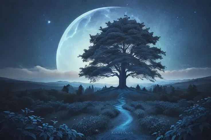 painting of giant tree, dark blue theme, illuminated blue leaves, night vision, fantasy, magical, masterpiece, ultra quality, 12k detailed, birdseye shot, ultra wide angle shot, high angle shot, far angle shot, aspect ratio: 2.39:1(3,840 x 2,160)
