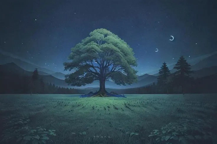 painting of giant tree, dark blue theme, illuminated blue leaves, night vision, fantasy, magical, masterpiece, ultra quality, 12k detailed, birdseye shot, ultra wide angle shot, high angle shot, far angle shot, aspect ratio: 2.39:1(3,840 x 2,160)