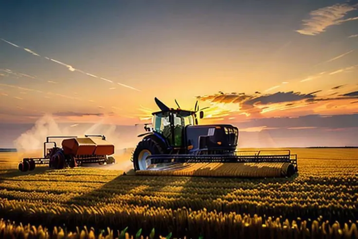 a tractor harvesting golden wheat, a very large field, sunset, uhd, 8k,