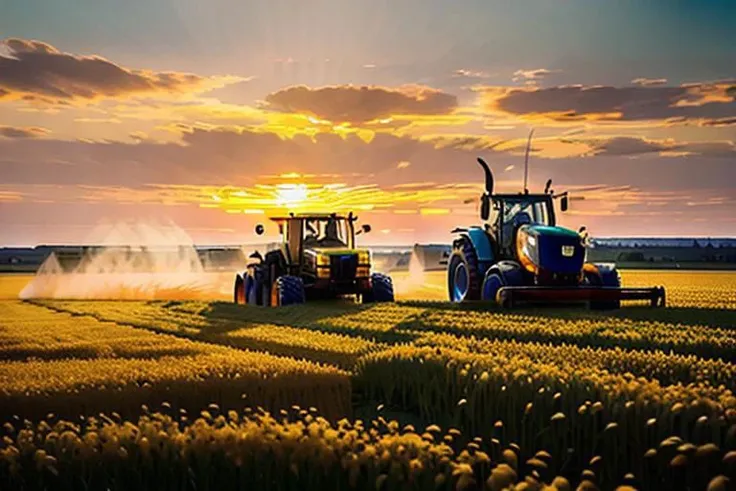 a tractor harvesting golden wheat, a very large field, sunset, uhd, 8k,