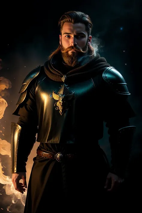 a profesional picture of 1man Sir Alistair of Gryffon, the Knight of the Radiant Shield  was a paragon of chivalry and honor, with a physique that exuded strength and nobility. His armor was crafted from the finest silver alloys, etched with the emblem of the Radiant Shield, a gryphon rampant against a backdrop of stars. The armor's sleek lines hugged his muscular frame, accentuating his broad shoulders and powerful arms. A cloak of the purest white, lined with ermine, billowed behind him, signaling his status as a protector of the realm. His long, wavy auburn hair was tied back in a knightly braid, and his beard was trimmed short and neat. His eyes, a piercing blue, were steady and unwavering, reflecting the purity of his soul and the resolve of his convictions. BREAK, realistic, perfect quality, best quality, ultrasharp, ultradetailed, perfect quality, masterpiece, intricated details, <lora:add_detail:0.4>, punk, <hypernet:sxzBloom_sxzBloom:0.3>, AS-YoungerV2 < <lora:splashes_v.1.1:0.5> Splash, splashes, splashing, explosion, exploding <lora:Smoke:0.3> smoke, smokkk, colorfull cyan, hotify, vivid colors