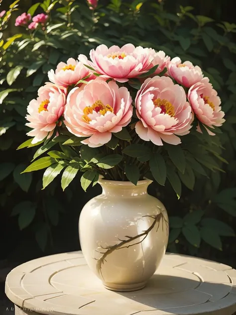 (a peony planted in a vase), majestic, delicate petals, blooming, bright and colorful, lush green leaves, full of vitality, soft sunlight, exquisite photography, 16K high-definition shooting, rich details, high resolution,(((Eye level)))