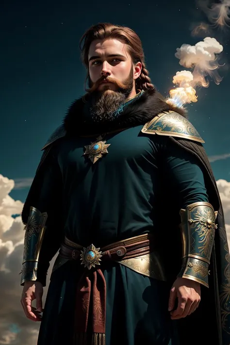 a profesional picture of 1man Sir Alistair of Gryffon, the Knight of the Radiant Shield was a paragon of chivalry and honor, with a physique that exuded strength and nobility. His armor was crafted from the finest silver alloys, etched with the emblem of the Radiant Shield, a gryphon rampant against a backdrop of stars. The armor's sleek lines hugged his muscular frame, accentuating his broad shoulders and powerful arms. A cloak of the purest white, lined with ermine, billowed behind him, signaling his status as a protector of the realm. His long, wavy auburn hair was tied back in a knightly braid, and his beard was trimmed short and neat. His eyes, a piercing blue, were steady and unwavering, reflecting the purity of his soul and the resolve of his convictions. BREAK, realistic, perfect quality, best quality, ultrasharp, ultradetailed, perfect quality, masterpiece, intricated details, <lora:add_detail:0.4>, punk, <hypernet:sxzBloom_sxzBloom:0.3>, AS-YoungerV2 < <lora:splashes_v.1.1:0.5> Splash, splashes, splashing, explosion, exploding <lora:Smoke:0.3> smoke, smokkk, colorfull cyan, hotify, vivid colors