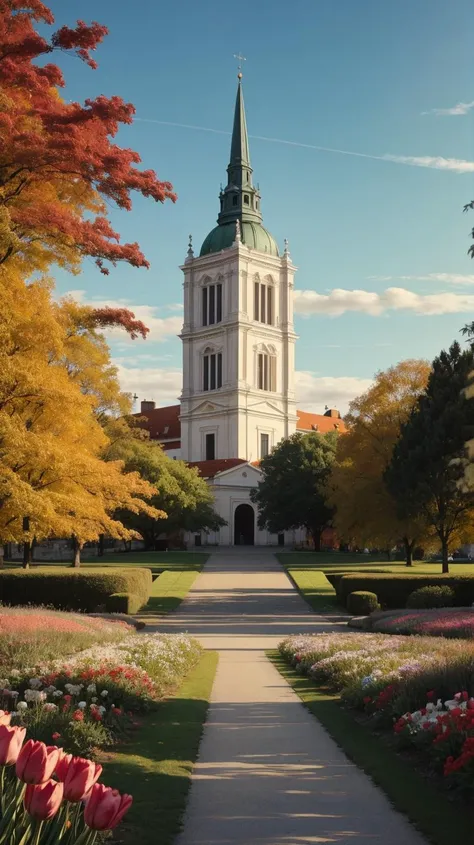 a profestional picutre of  Debrecen, Hungary: Debrecen, the "Calvinist Rome," marks spring with its iconic Kossuth Square featuring vibrant flower beds, the Great Reformed Church Garden alive with tulips, and the city parks inviting residents to enjoy the blossoming surroundings. ,
wide angle, landscape , 
photorealism,unreal 5 daz, extremely detailed ,((ultrasharp)),((masterpiece)),((best quality)),((ultradetailed)),((intricated details)), extremaly detailed background, <lora:add_detail:0.7> ultra realistic,32k,RAW photo, 8k ,dslr,soft lighting,high quality,film grain, beautiful and aesthetic,extremely detailed, natural shadows,