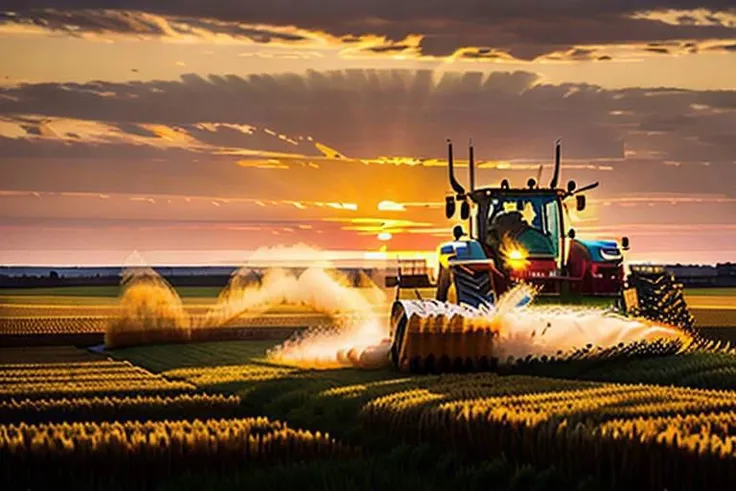 a tractor harvesting golden wheat, a very large field, sunset, uhd, 8k,