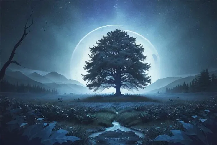 painting of giant tree, dark blue theme, illuminated blue leaves, night vision, fantasy, magical, masterpiece, ultra quality, 12k detailed, birdseye shot, ultra wide angle shot, high angle shot, far angle shot, aspect ratio: 2.39:1(3,840 x 2,160)