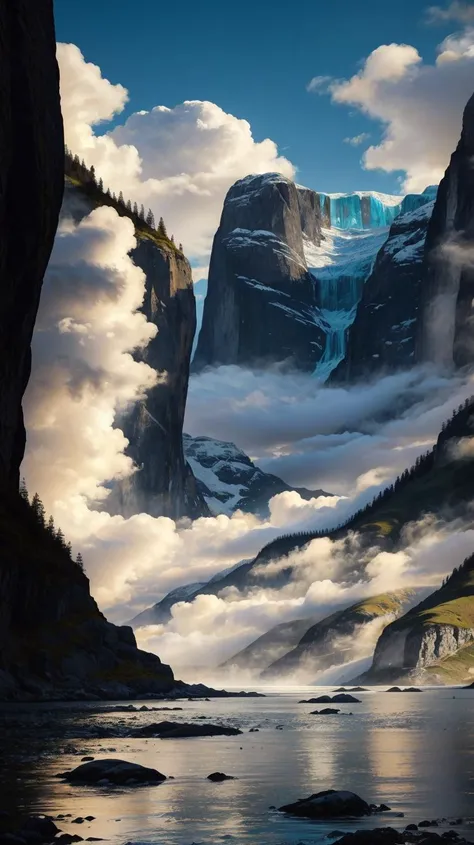 a profestional picutre of Norwegian Fjords, Norway: Glacial Grandeur: Winter in the Norwegian fjords unveils a breathtaking spectacle of icy cliffs, frozen waterfalls, and still fjord waters. The stark beauty of the landscape is truly awe-inspiring. ,
wide angle, landscape ,
photorealism,unreal 5 daz, extremely detailed ,((ultrasharp)),((masterpiece)),((best quality)),((ultradetailed)),((intricated details)), extremaly detailed background, <lora:add_detail:0.7> ultra realistic,32k,RAW photo, 8k ,dslr,soft lighting,high quality,film grain, beautiful and aesthetic,extremely detailed, natural shadows,