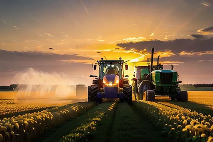a tractor harvesting golden wheat, a very large field, sunset, uhd, 8k,