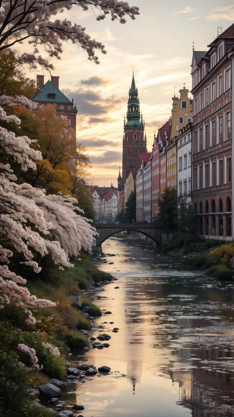 a profestional picutre of WrocÅaw, Poland: WrocÅaw ushers in spring with its lively Market Square, where the iconic flower market blooms with an array of colors, and the historic Ostrow Tumski island is surrounded by cherry blossoms, creating a picturesque urban retreat. ,
wide angle, landscape ,
photorealism,unreal 5 daz, extremely detailed ,((ultrasharp)),((masterpiece)),((best quality)),((ultradetailed)),((intricated details)), extremaly detailed background, <lora:add_detail:0.7> ultra realistic,32k,RAW photo, 8k ,dslr,soft lighting,high quality,film grain, beautiful and aesthetic,extremely detailed, natural shadows,