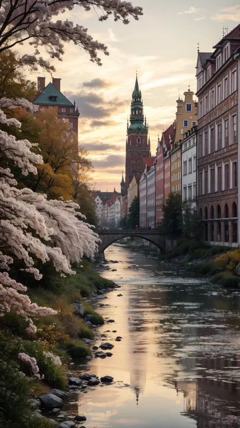 a profestional picutre of  WrocÅaw, Poland: WrocÅaw ushers in spring with its lively Market Square, where the iconic flower market blooms with an array of colors, and the historic Ostrow Tumski island is surrounded by cherry blossoms, creating a picturesque urban retreat. ,
wide angle, landscape , 
photorealism,unreal 5 daz, extremely detailed ,((ultrasharp)),((masterpiece)),((best quality)),((ultradetailed)),((intricated details)), extremaly detailed background, <lora:add_detail:0.7> ultra realistic,32k,RAW photo, 8k ,dslr,soft lighting,high quality,film grain, beautiful and aesthetic,extremely detailed, natural shadows,