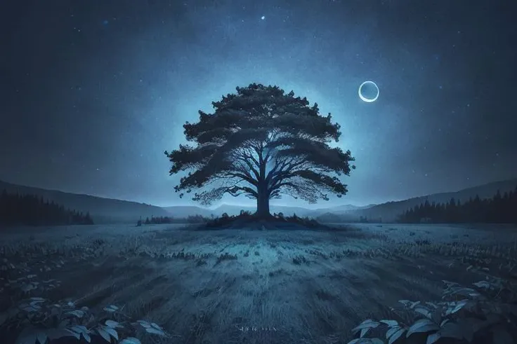 painting of giant tree, dark blue theme, illuminated blue leaves, night vision, fantasy, magical, masterpiece, ultra quality, 12k detailed, birdseye shot, ultra wide angle shot, high angle shot, far angle shot, aspect ratio: 2.39:1(3,840 x 2,160)
