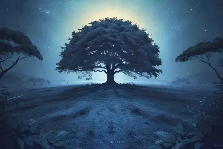 painting of giant tree, dark blue theme, illuminated blue leaves, night vision, fantasy, magical, masterpiece, ultra quality, 12k detailed, birdseye shot, ultra wide angle shot, high angle shot, far angle shot, aspect ratio: 2.39:1(3,840 x 2,160)
