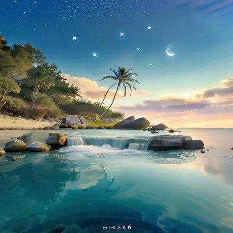 ocean, stars, ((moon)), (calm), birds, palm trees, (((beach))), reflections, water tides, 8k, highest resolution, masterpiece, night, fireflies, villa, lights, ((watercolor)), (((night))), ((stars)), (((watercolor))), cloud, cherry blossom, day, fantasy, fish, lake, landscape, high snowy mountain, no_humans, ocean, outdoors, river, scenery, sky, splashing, water, watercraft, waterfall, waves, ultra realistic, photorealistic, sea, ocean, (reflection), (ray tracking), (unreal engine), (Japanese), top view, high elevation, (water reflection), (clear water), photorealistic, 8k, unreal engine, super great 3d render, 3d, 3d ray tracking, liquid, super high quality, (super close look at water)