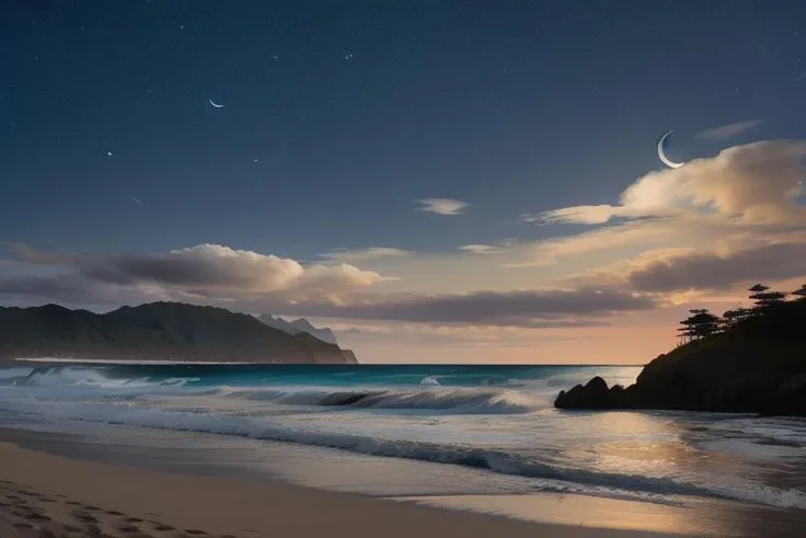 night, beachside, ocean, moon, stars, mountains, trees, anime