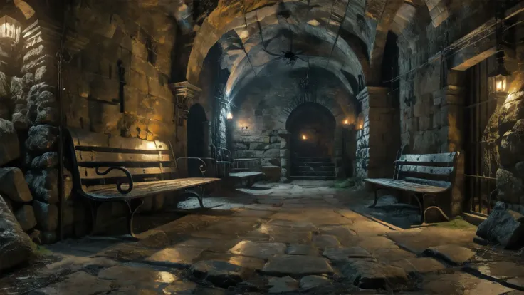 dungeon, underground, old, dust, spider web, bench, <lora:DeepDarkDungeon:0.8>, deepdarkdungeon, very detailed, <lora:more_details:0.6>, high quality, highres, masterpiece, best quality, 8k, intricate, detailed, <lora:add_detail:0.6>
