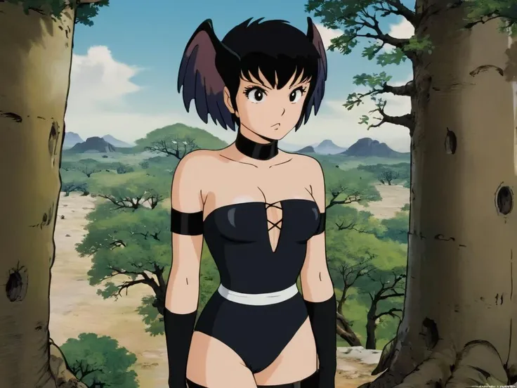 full body shot, looking at viewer, short hair, black hair, medium breasts, closed mouth, cleavage, collarbone, long black boots, indoors, black eyes, strapless, frown, black choker, head wings, wristband, black leotard, strapless leotard, A massive, ancient tree that serves as a gateway between different worlds.,<lora:EdobUruseiYatsuraKurama_XL_v1.0:0.9>