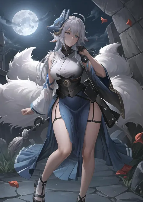 masterpiece, best quality, ultra hd, extremely detailed <lora:tosa-08:0.8>
1girl, solo, detailed face, detailed eyes, clear eyes, large breasts, wide hips, full body,
deftosa, tosadress, fox mask, full moon, falling petals, side slit,