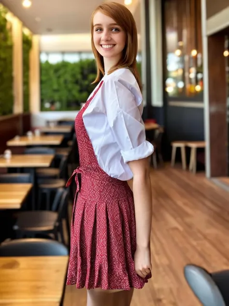 LollipopGinger, (Beautiful), smile, looking at viewer, modest fancy clothes, restaurant background, full body, (depth of field, Bokeh), <lora:LollipopGinger:0.8>