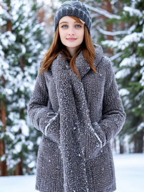 LollipopGinger, (Beautiful), looking at viewer, Winter clothes, Jewelry, Snowy winter background, portrait, (depth of field, Bokeh), <lora:LollipopGinger-000038:0.8>