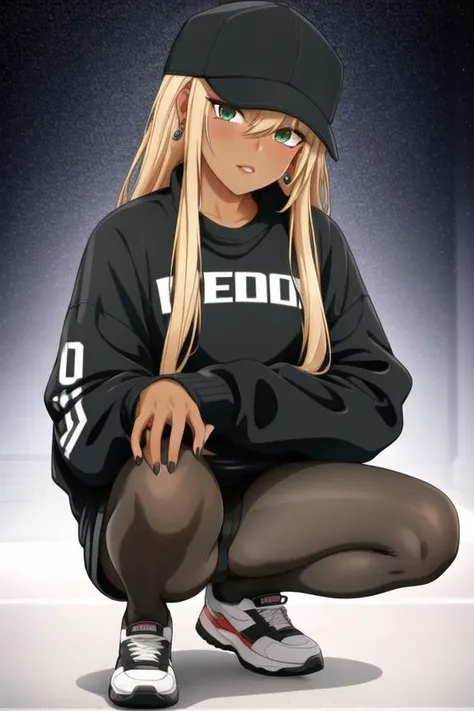 <lora:Neocoill:.6>, neocoill, masterpiece, best quality, 1girl, dark skin, solo, hat, earrings, jewelry, microphone, jacket, green eyes, baseball cap, shoes, dark-skinned female, fingernails, blonde hair, black jacket, nail polish, sneakers, holding microphone, holding, makeup, parted lips, looking at viewer, lipstick, long hair, squatting, long sleeves, black headwear, full body, pantyhose