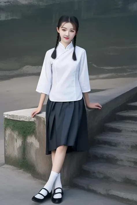 best quality, masterpiece,real,realistic, photo,photorealistic, looking at viewer,1girl, 
minguoxiaofu,school uniform, tangzhuang,white shirt,medium skirt,
 <lora:minguoxiaofu_v2_03:0.8>