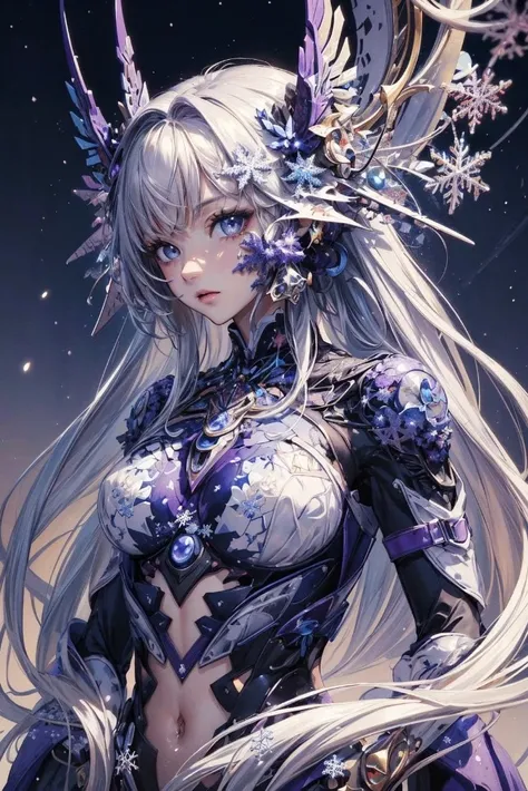 (masterpiece, top quality, best quality, official art, beautiful and aesthetic:1.2),(1girl),extreme detailed,(fractal art:1.3),colorful,highest detailed..,Purple,White,Blue,Chest,Abdomen,Snowflakes falling,(whole body:1.5),a face,(Only one face.:1.1),.