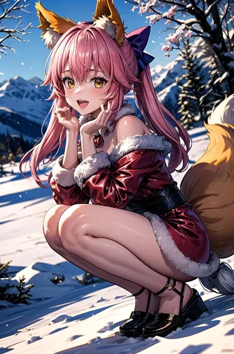 (masterpiece, best quality, detailed), 1girl, solo, looking at viewer, tamamo no mae, hair bow, fox ears, fox tail,
<lora:hot_christmas:0.9>, hot christmas, red dress, fur trim, outdoors, winter, mountain, snow, bare tree, scenery, dutch angle, squatting, from side, smile, open mouth, blush