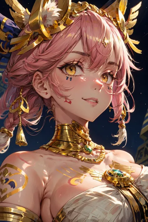 masterpiece,best quality,1girl,mature female,large breasts,wide hips,thick thighs,tamamo no mae,(hair bow),(fox ears:1.2),fox tail,pink hair,yellow eyes,((egyptian clothes,ancient egyptian theme,gold,golden ornaments,gold trim,pharaoh,body tattoo,face tattoo)),pyramid \(structure\),expressionless,half-closed eyes,looking to the side,night,portrait,from side,<lora:Concept-control tool-add_detail-CyberAIchemist:0.3>,<lora:fate_tamamo-no-mae:0.8>,