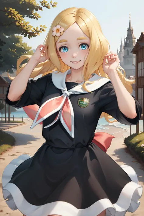 (masterpiece, best quality:1.2), <lyco:vtuber_shinonome-10:1.0>, cowboy shot, solo, 1girl, shinonome megu, smile, looking at viewer, hand in own hair, blue eyes, thick eyebrows, hair flower, black dress, white sailor collar, neckerchief