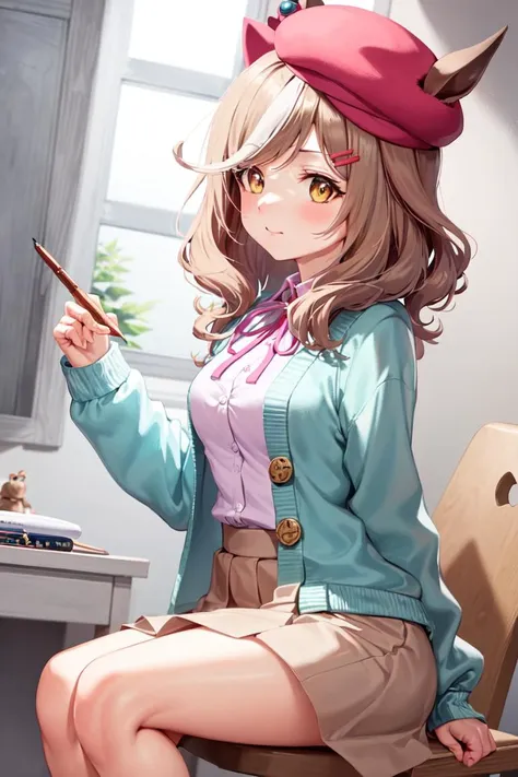 masterpiece, best quality,
matikanetannhauser \(umamusume\),
indoors, window, sitting, drawing, from side, 
casual, beret, red headwear, neck ribbon, long sleeves, collared shirt, pink shirt, open clothes, blue cardigan, shirt tucked in, plaid skirt, brown skirt, 
<lora:matikanetannhauser_loha:0.7>