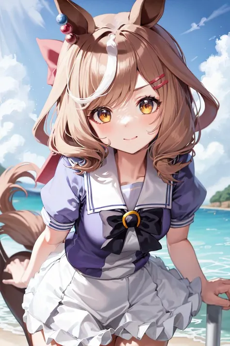 masterpiece, best quality,
matikanetannhauser \(umamusume\),

tracen school uniform, summer uniform, serafuku, puffy short sleeves, bowtie, horseshoe ornament, sailor collar, sailor shirt, frills, white skirt, purple shirt, miniskirt,  
<lora:matikanetannhauser_loha:0.75>