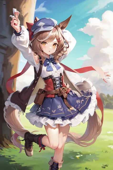 masterpiece, best quality,
matikanetannhauser \(umamusume\),
wide shot, arm up, full body, standing, looking at viewer, 
cabbie hat, blue headwear, blue bowtie, cape, white shirt, collared shirt, shoulder cutout, puffy long sleeves, center frills, corset, belt pouch, belt, blue skirt, frilled skirt, brown footwear, lace-up boots, knee boots, high heel boots, 
<lora:matikanetannhauser_loha:0.7>