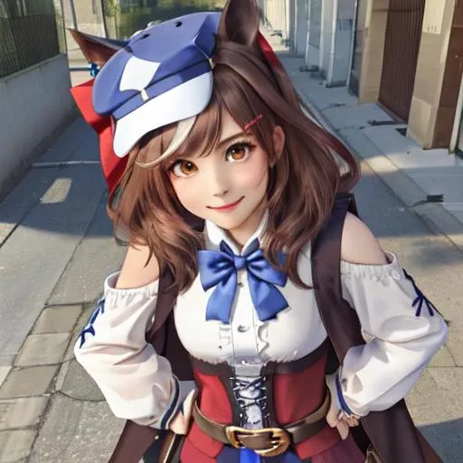 masterpiece, best quality, close up, face shot,
matikanetannhauser \(umamusume\), hands on hips, looking at viewer, smile, street,
cabbie hat, blue headwear, blue bowtie, cape, white shirt, collared shirt, shoulder cutout, puffy long sleeves, center frills, corset, belt pouch, belt
 <lora:matikanetannhauser_loha-000010:0.7>