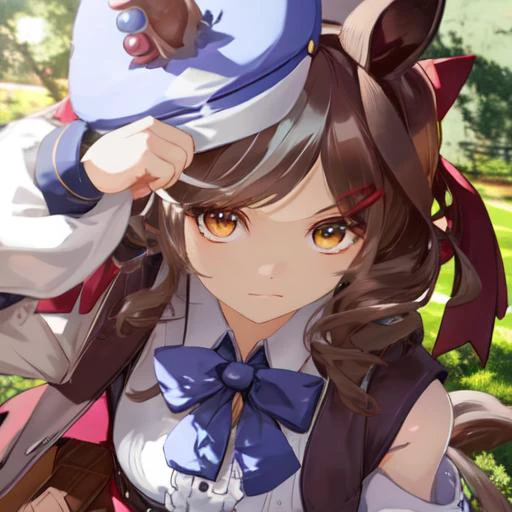 masterpiece, best quality, face shot, close up,
matikanetannhauser \(umamusume\), cabbie hat, blue headwear, blue bowtie, cape, white shirt, collared shirt, shoulder cutout, puffy long sleeves, center frills, corset, belt pouch, belt
 <lora:matikanetannhauser_loha-000010:1>