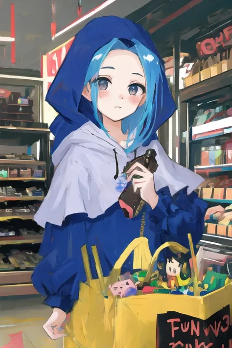 1girl,solo,
 <lora:flour_V10:1>,flour \(cookie\),blue hoodie,black eyes,Intake bungs,forehead
in candy store,detailed background