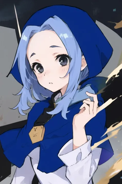 1girl,solo,
cute face,
<lora:flour_V10:0.8>,flour \(cookie\),wearing a blue hood.,blue capelet,black eyes,Intake bungs,forehead,light blue dress,straight hair,