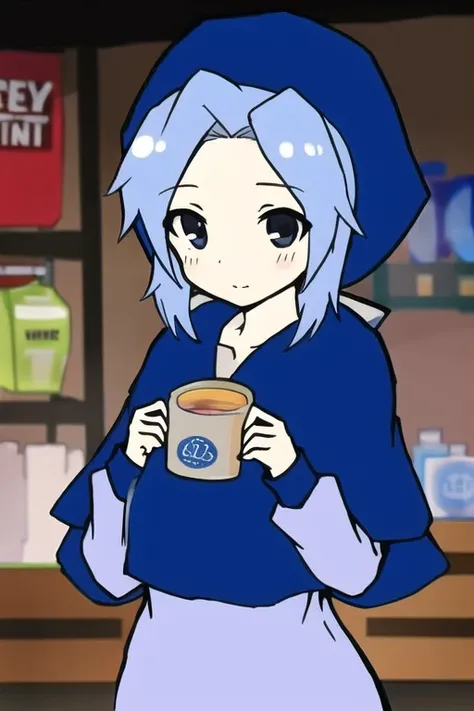 1girl,solo,
in flour shop,detailed background,
<lora:flour_V10:0.8>,flour \(cookie\),blue hoodie,blue capelet,black eyes,Intake bungs,forehead,light blue dress,straight hair