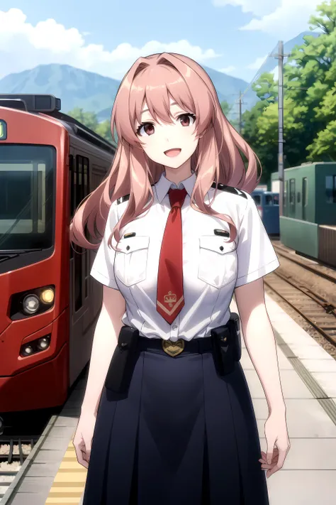 best quality, masterpiece, highly detailed,
<lora:chara_RailWars_KoumiHaruka_v1:0.8>, koumi haruka rw,
open mouth, smile,
brown eyes, brown hair, long hair, large breasts,
police uniform, collared shirt, (white shirt:1.2), (blue skirt:1.2), red necktie,
standing, head tilt, looking at the viewer,
train station