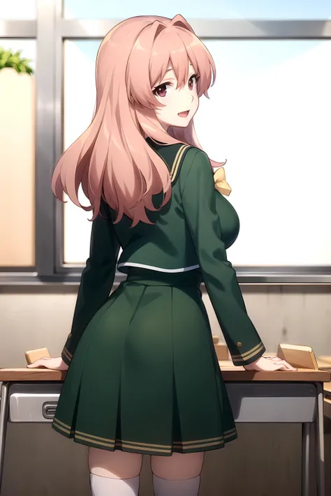 best quality, masterpiece, highly detailed,
<lora:chara_RailWars_KoumiHaruka_v1:0.8>, koumi haruka rw,
open mouth, smile,
brown eyes, brown hair, long hair, large breasts,
school uniform, serafuku, green shirt, green skirt, long sleeves, bow, kneehighs,
standing, from behind, looking at the viewer,
classroom