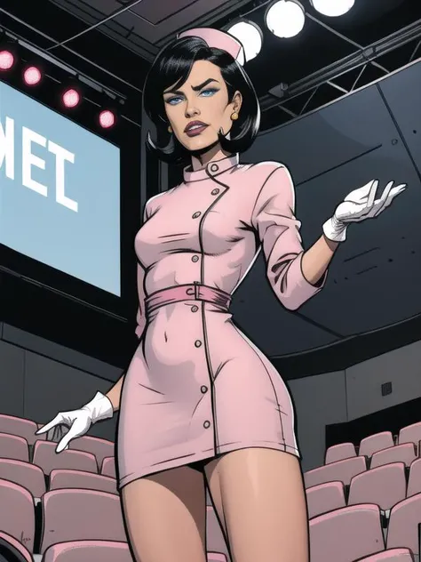 giantess Girlfriend, on stage, black short hair, earrings, blue eyes,
short white gloves, very small nurse cap, pink dress,
evil snarl, giantess, crowded auditorium, on stage, tiny men,
<lora:Gfriend:0.8>, <lora:GTS:0.5> GTS, from below