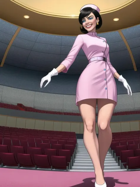 Girlfriend,black short hair,earrings,blue eyes,
short white gloves,very small nurse cap,pink dress,
evil grin, giantess, auditorium, crowded, on stage,
<lora:Gfriend:0.8>, <lora:GTS:0.5> GTS, from below